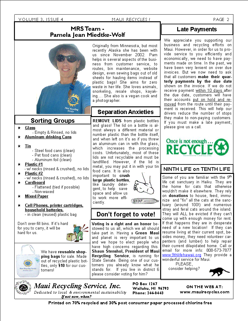 Recycle information newsletter, Maui Hawaii