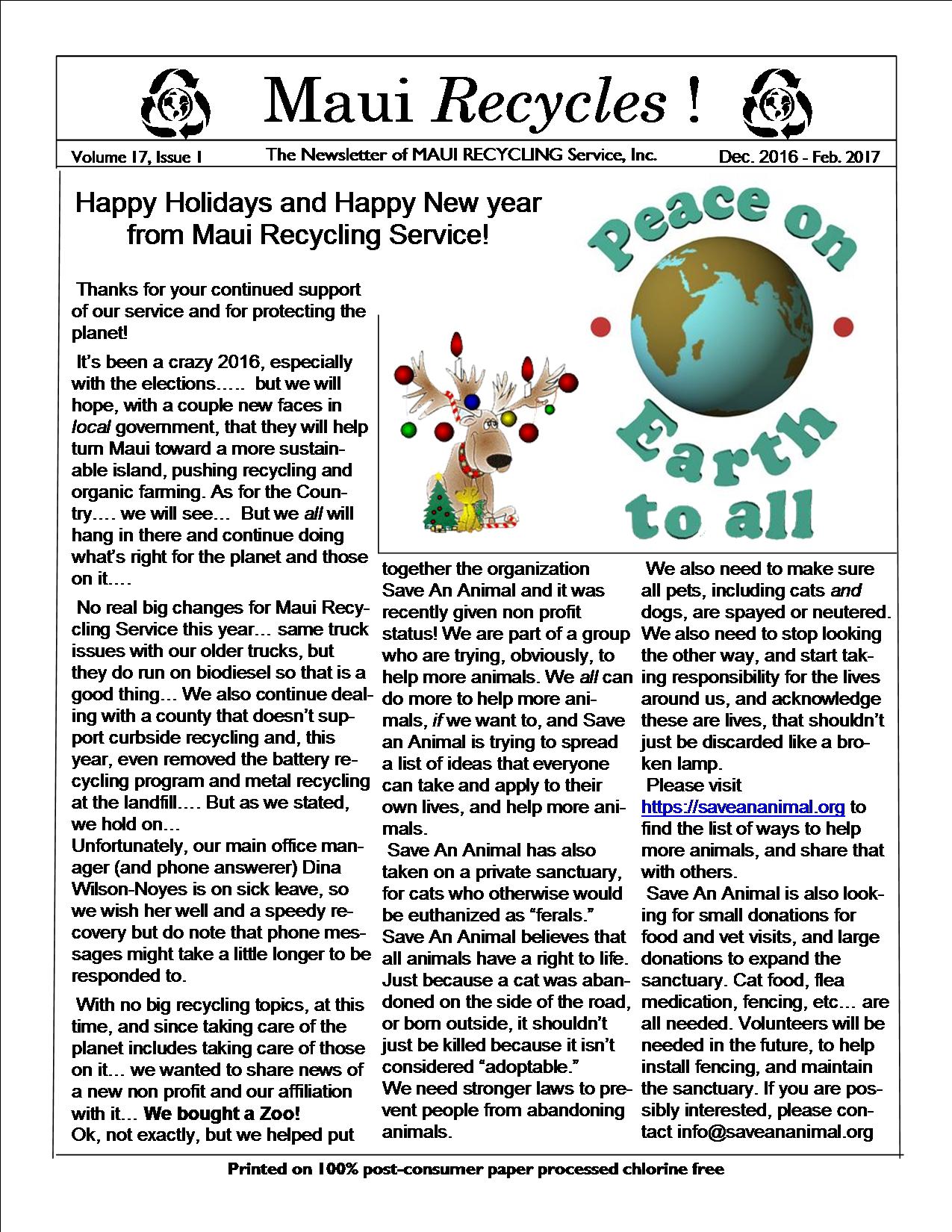 Maui Recycling Service Newsletter Dec 2016 
